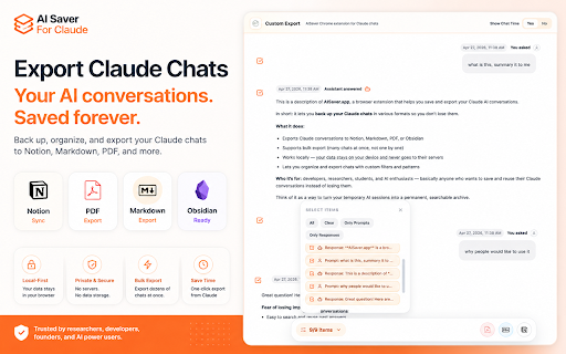 AISaver: Claude Exporter for Notion, Obsidian & PDF :: Bulk export Claude AI chats to Notion, Obsidian, Markdown, and PDF. Local-first, private, and fast.
