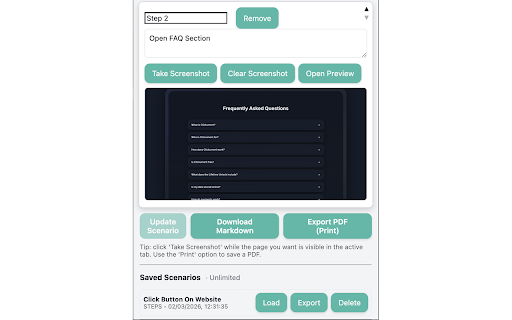 Clickument :: Capture step-by-step screenshots, save scenarios, and export clean Markdown or printable PDF documentation.