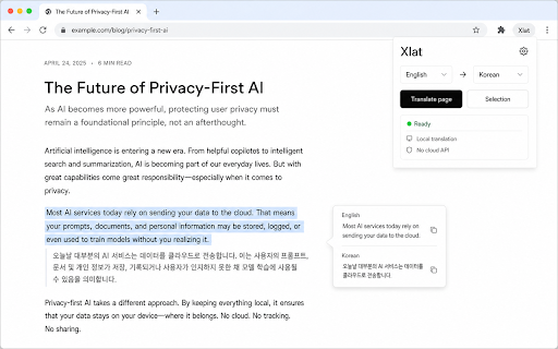 Xlat Local Page Translator :: Translate page and selected text locally with Chrome built-in Translator API.