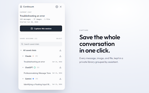 Continuum: Capture, Save & Resume AI Chats :: Capture an AI chat session and resume it in a new chat on any supported platform — never lose context to message/length limits.