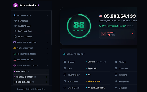 BrowserLeaks — Privacy & Fingerprint Scanner :: Browser fingerprint, WebRTC/DNS leak tests, and privacy tools — the full BrowserLeaks site in your browser side panel.