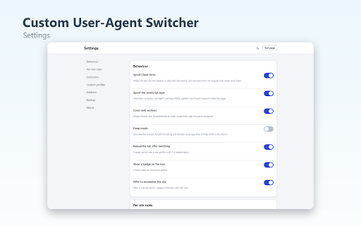 Custom User-Agent Switcher :: Switch your User-Agent with matching Client Hints and navigator overrides. Offline, no accounts, no tracking.
