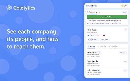 Coldlytics: B2B Email & Phone Number Finder :: Find verified B2B emails and direct dial phone numbers for the company websites you browse. Missing contacts? We research them.
