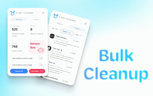 X Bot Cleaner :: Manually identify and bulk remove bot followers from your X (Twitter) account while preserving legitimate followers.