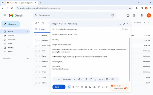 Mail Audit: Free Email Tracker for Gmail :: Free Gmail email tracker with open notifications, Opened/Not opened status, repeat-open counts and no visible signature.