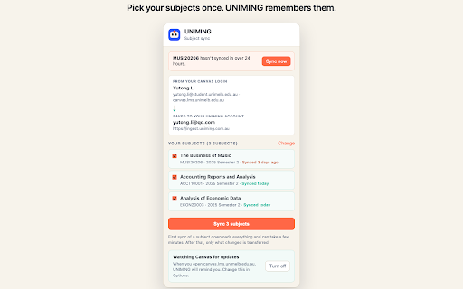 UNIMING Sync :: Sync your Canvas, Moodle, Blackboard or Brightspace subjects into your own UNIMING account with the login you already have.