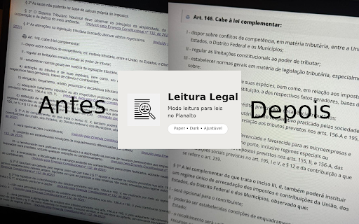 Leitura Legal :: Modo leitura para legislação oficial, com navegação por artigo e ajustes de fonte, tema, margens e espaçamento.
