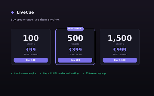 LiveCue — Live AI Answers :: Floating AI copilot for any call. Live transcript, instant answers. Sign in and go — no API keys.