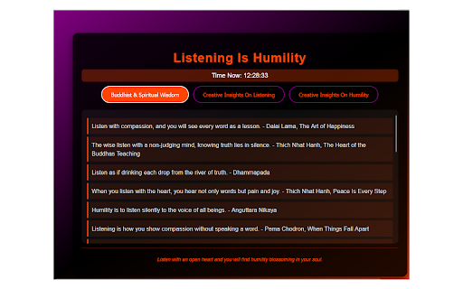 Listening Is Humility :: A extension offering 100 mindfulness quotes categorized into Buddhist and Spiritual Wisdom, Creative Insights on Listening