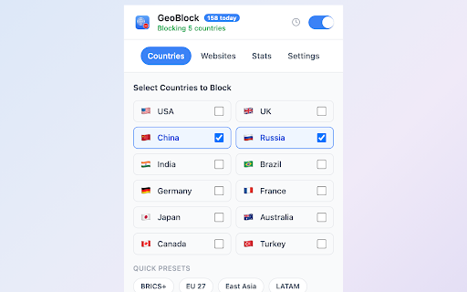 GeoBlock :: Filter search, YouTube, Amazon & Reddit results by country. Block regions, channels, and subreddits; optional Geo-IP detection.