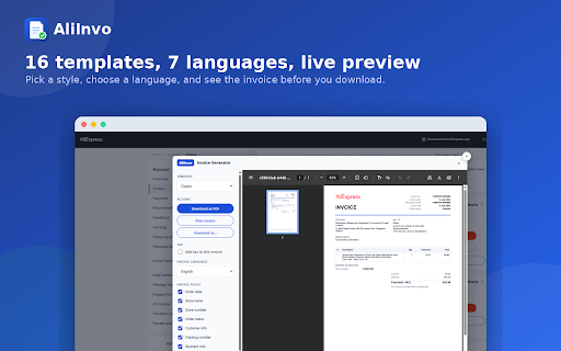AliInvo - Aliexpress Invoice Generator :: Generate free AliExpress invoices & VAT credit notes as PDF, Word, Excel or CSV in one click, right from your orders page.