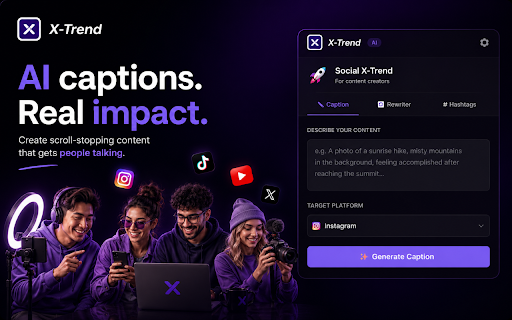X-Trend :: AI writing co-pilot for content creators and businesses. Captions, rewrites, hashtags, reviews and more — instantly.
