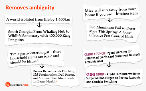 Clickbait.help :: Replaces clickbait headlines with proper ones. Generates headlines and summaries in different tones. Free, no ads or nagging.