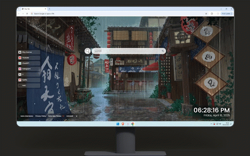 Anime Rain Live Wallpaper :: Traditional Japanese alleyway glistens with rainfall amid lanterns and shop banners.
