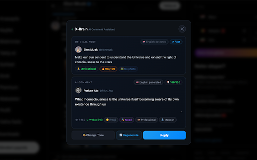 X-Brain – AI X Comment Assistant :: Generate smart AI-powered comment suggestions on X (Twitter). Choose a tone, review the suggestion, and post it yourself.