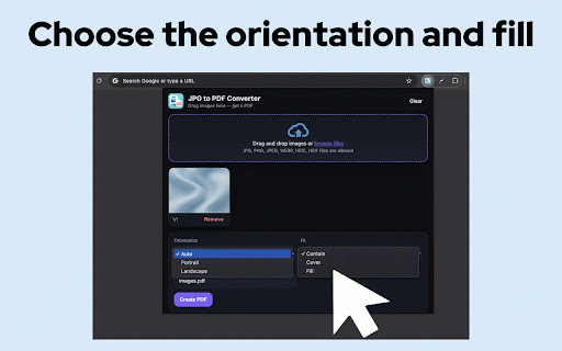 JPG to PDF Converter :: JPG to PDF Converter — format JPG to PDF instantly on any webpage. Simple, fast convert JPG to PDF without leaving your tab.