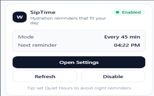 SipTime :: Smart hydration reminders with quiet hours and snooze.