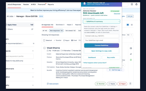Naukri Resume Instant Downloader :: Download Naukri applicant resumes to your computer, Google Drive, your ATS, or SafalHires AI summary.