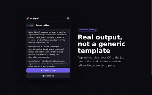 ApplyAI — Job Application Assistant :: Upload your CV, click on any job listing, get a tailored cover letter and CV suggestions in 30 seconds.