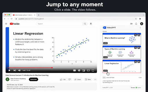 Video2PPT - Browse YouTube by Slide :: Browse YouTube by slide, jump to matching timestamps, follow synchronized captions, and continue in the Video2PPT workspace.