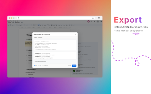 Docs Comment Exporter :: Export Google Docs comments to CSV, Markdown, or JSON - in one click.