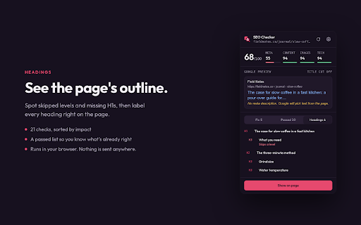 SEO Checker – Page Score & Fixes :: Score any page for SEO, preview it in Google and get a clear fix for every problem. Runs in your browser.