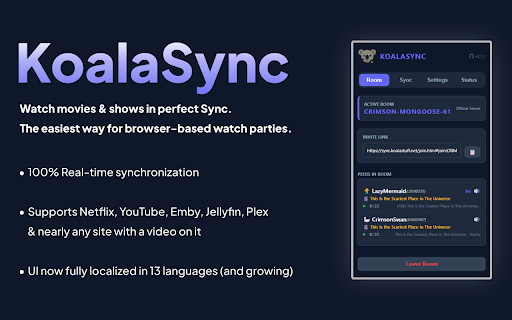 KoalaSync :: Synchronize video playback on YouTube, Netflix, Emby, Jellyfin, and any HTML5 site in real-time with friends.