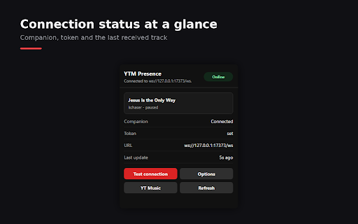 YTM Discord Presence Bridge :: Shows YouTube Music as Discord Rich Presence. Requires the free YTMPresence companion app for Windows.