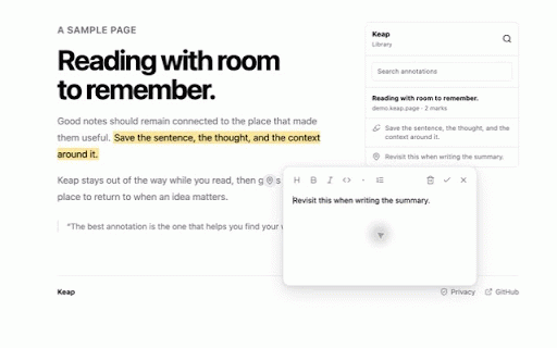 Keap :: Highlight text and pin Markdown notes anywhere on the web.