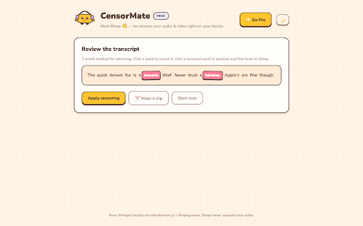 CensorMate: Auto Censor Video & Audio :: Auto censor videos & audio: on-device AI finds and bleeps any word. Nothing uploaded. Great for YouTubers avoiding demonetization.
