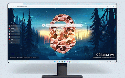 BAPE Live Wallpaper :: Iconic BAPE ape head logo floating over mystical forest with stars and aurora lights.