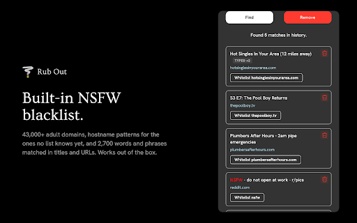 Rub Out: Selective History Cleaner :: Delete specific sites, keywords, or NSFW entries from your Chrome history. Keep everything else.