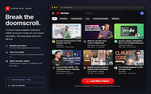 YouTube Tweak - Control YouTube and make it calmer :: A smart extension to organize youtube for replacing relative date, infinite scroll and more.