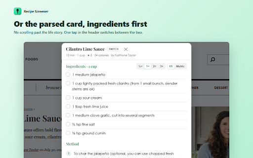 Recipe Screener :: The blog's own recipe card, minus the ads, share rows and newsletter pitches. Plus scaling, metric and a cook mode.