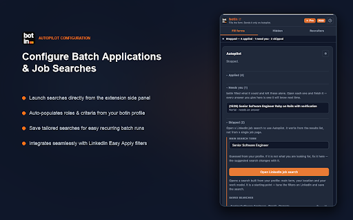botin :: Fills LinkedIn job applications from your botin profile — review each step, or run on Autopilot for batches you set the size of.