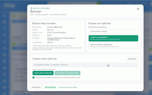 Connecteur izyScribe pour Vetup :: Transfère le contexte d'une consultation Vetup vers izyScribe et récupère le compte-rendu dans l'examen médical.