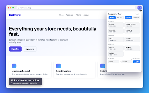 Responsive View :: View any webpage at phone, tablet, desktop, or custom sizes in one click — resize, screenshot, compare, or emulate.