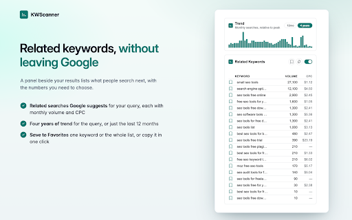 KWScanner — Keyword Research Tool :: Search volume, CPC and competition on Google results, plus a one-click on-page SEO report for any page.