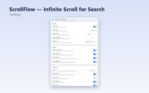 ScrollFlow — Infinite Scroll for Search :: Infinite scroll for Google Search results: loads the next pages automatically, with page markers, limits and a manual mode.