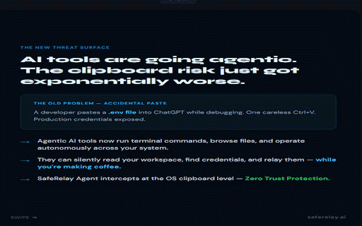 SafeRelay — Local AI DLP :: Local DLP that redacts secrets, PII, tokens, IPs, and protected terms before pasting into AI tools.