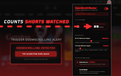 DoomScroll Blocker :: Limit mindless scrolling on social media feeds and short videos. Set scroll limits, get interrupted, and take intentional breaks.