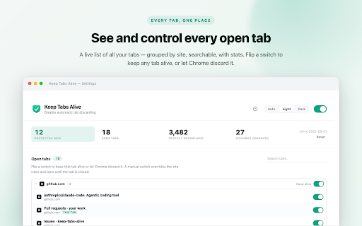 Keep Tabs Alive — Disable Automatic Tab Discarding :: Disable Chrome tab discarding and prevent unwanted tab reloads. Per-site rules, per-tab control and live stats.
