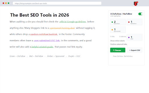 DoFollow / NoFollow Link Highlighter :: Instantly see which links on a page are dofollow (green) or nofollow/sponsored/ugc (red). SEO link auditing made simple.
