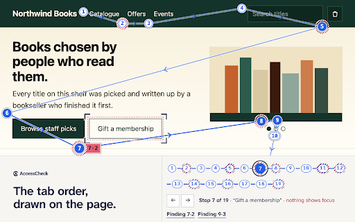 AccessCheck :: Inspect accessibility problems in the current tab: what failed, where it is, and the real keyboard focus path.