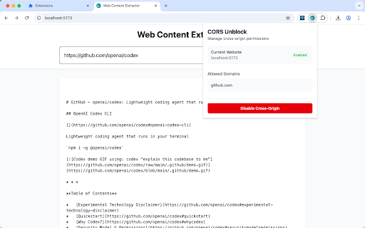 CORS Unblock :: Web apps cross-origin access with precise domain control and simple permissions.