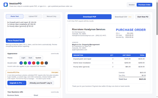 InvoicePO — Invoice & Purchase Order Generator :: Turn a pasted email, a PDF, or a quick manual entry into a polished invoice or purchase order. Everything stays on your device.