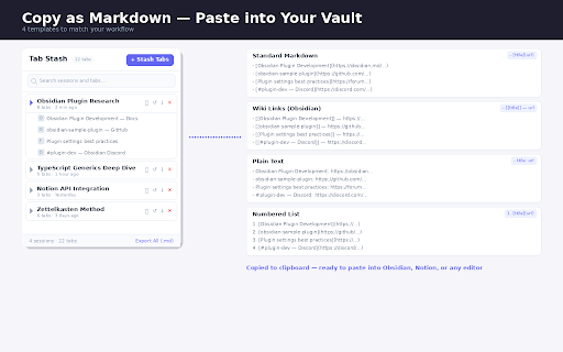 Tab Stash — Markdown Tab Manager :: Save tabs as Markdown. Export to Obsidian, Notion, or any note app. One-click stash, search, and restore. Built for PKM users.