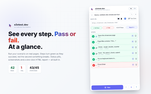e2etest.dev - no-code e2e Test Platform :: Visual no-code e2e test platform — build, run and ship browser tests. Exports to Playwright & Cypress, AI-authoring via Cowork.