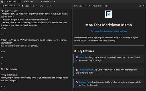 Moa Tabs Markdown Memo :: Minimalist Markdown Notepad.