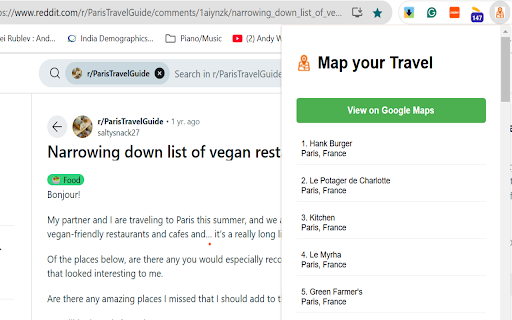 Map Your Travel :: Extracts travel places from a webpage and map onto Google Maps with one-click